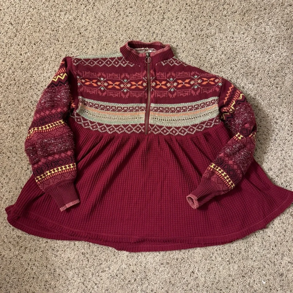 Free People Fair Isle Balloon Sleeve Babydoll Top Oversized Size XS - Picture 5 of 11